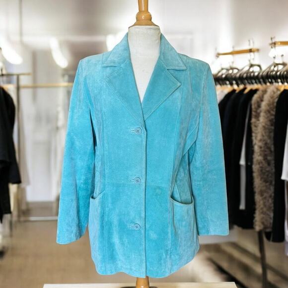 Vintage 90s Blue Leather Suede Jacket